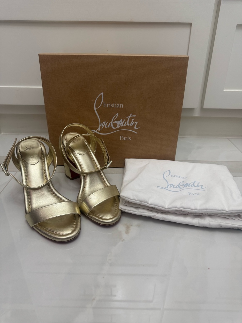 Authentic Christian Louboutin Metallic Gold Leather Ankle-Strap Heels